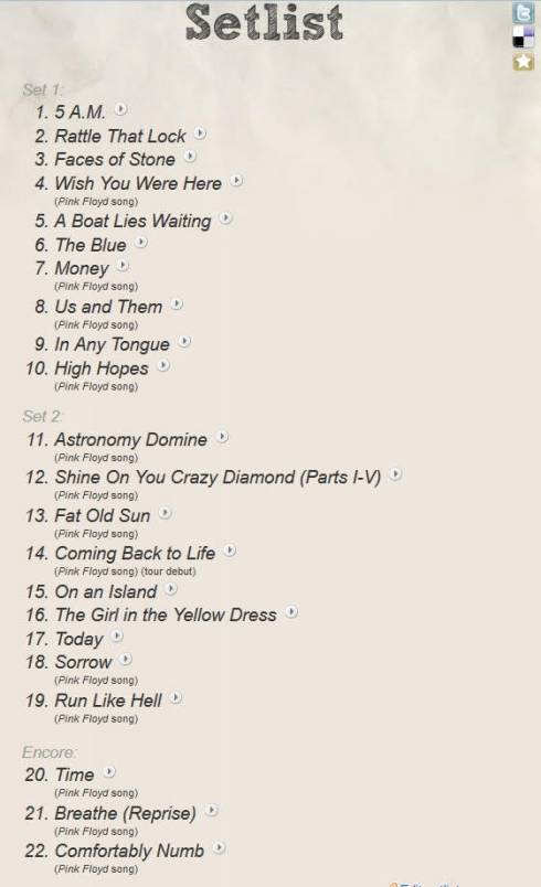set list gilmour Firenze 2015 